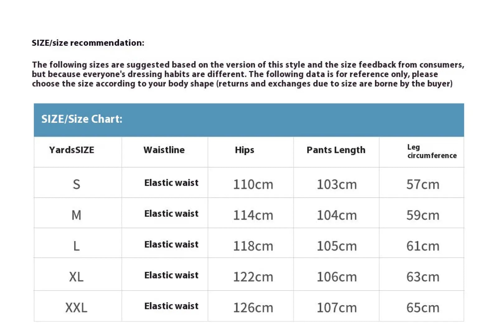 Size chart for men’s contrast panel elastic waist denim joggers showing measurements from s to xxl sizes