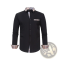 Men’s black long-sleeved dress shirt with plaid contrast lining on collar, cuffs, and pocket for stylish wear