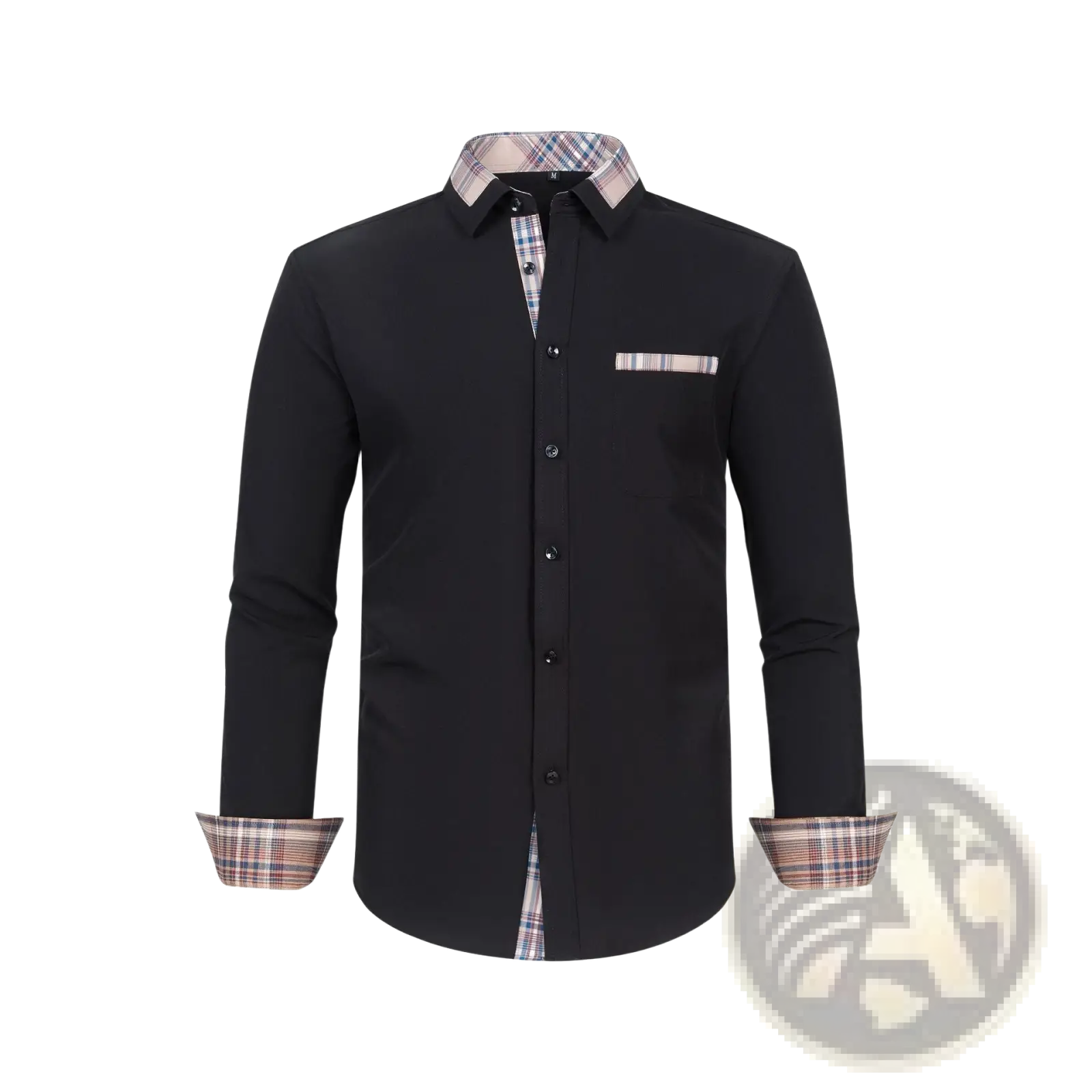 Men’s black long-sleeved dress shirt with plaid contrast lining on collar, cuffs, and pocket for stylish wear