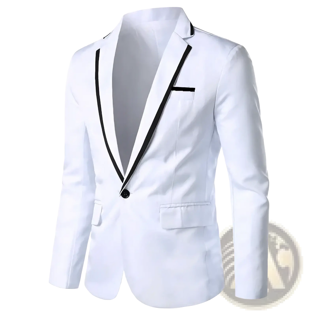 White men’s casual blazer jacket with black contrast trim along lapels and single button closure
