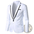 White men’s casual blazer jacket with black contrast trim along lapels and single button closure