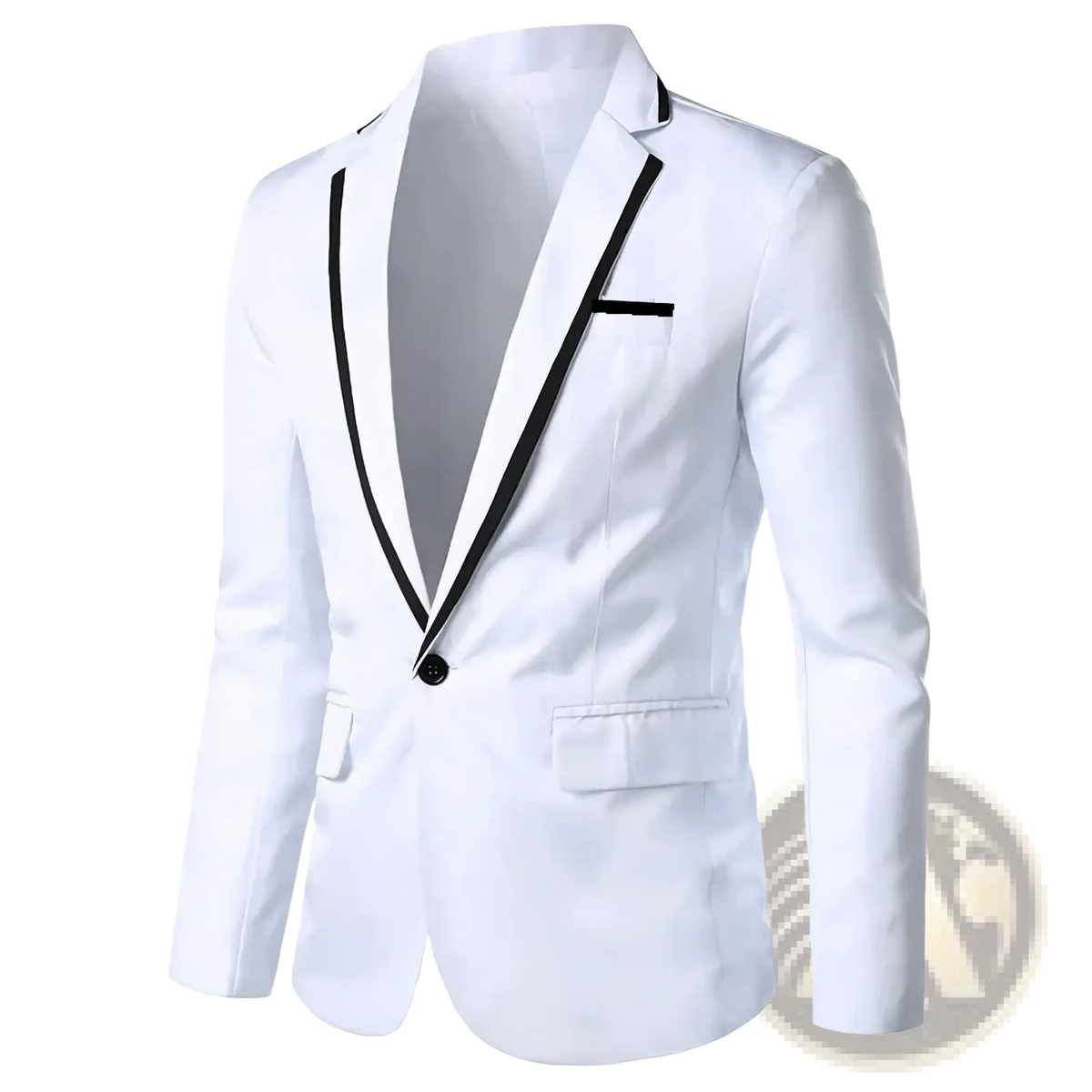White men’s casual blazer jacket with black contrast trim along lapels and single button closure