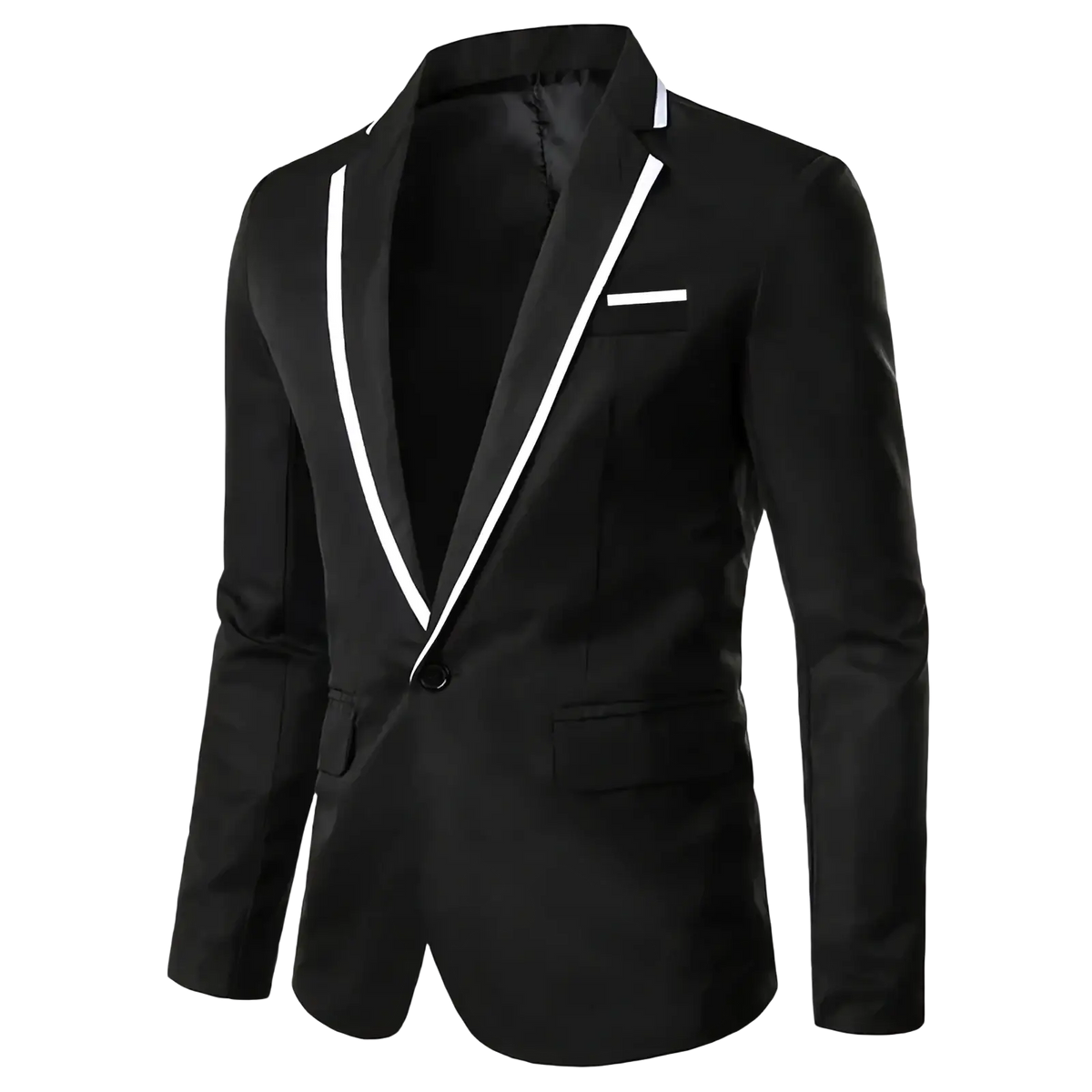 Men’s black casual blazer jacket with white contrast trim on lapels and matching pocket square for formal use
