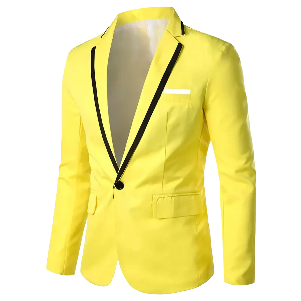 Men’s casual suit blazer jacket in bright yellow with black trim along lapels and single button closure