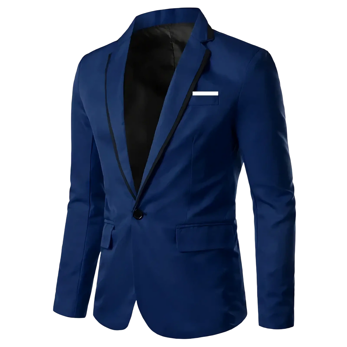 Men’s navy blue casual suit blazer jacket with black contrast trim and single button closure for formal occasions