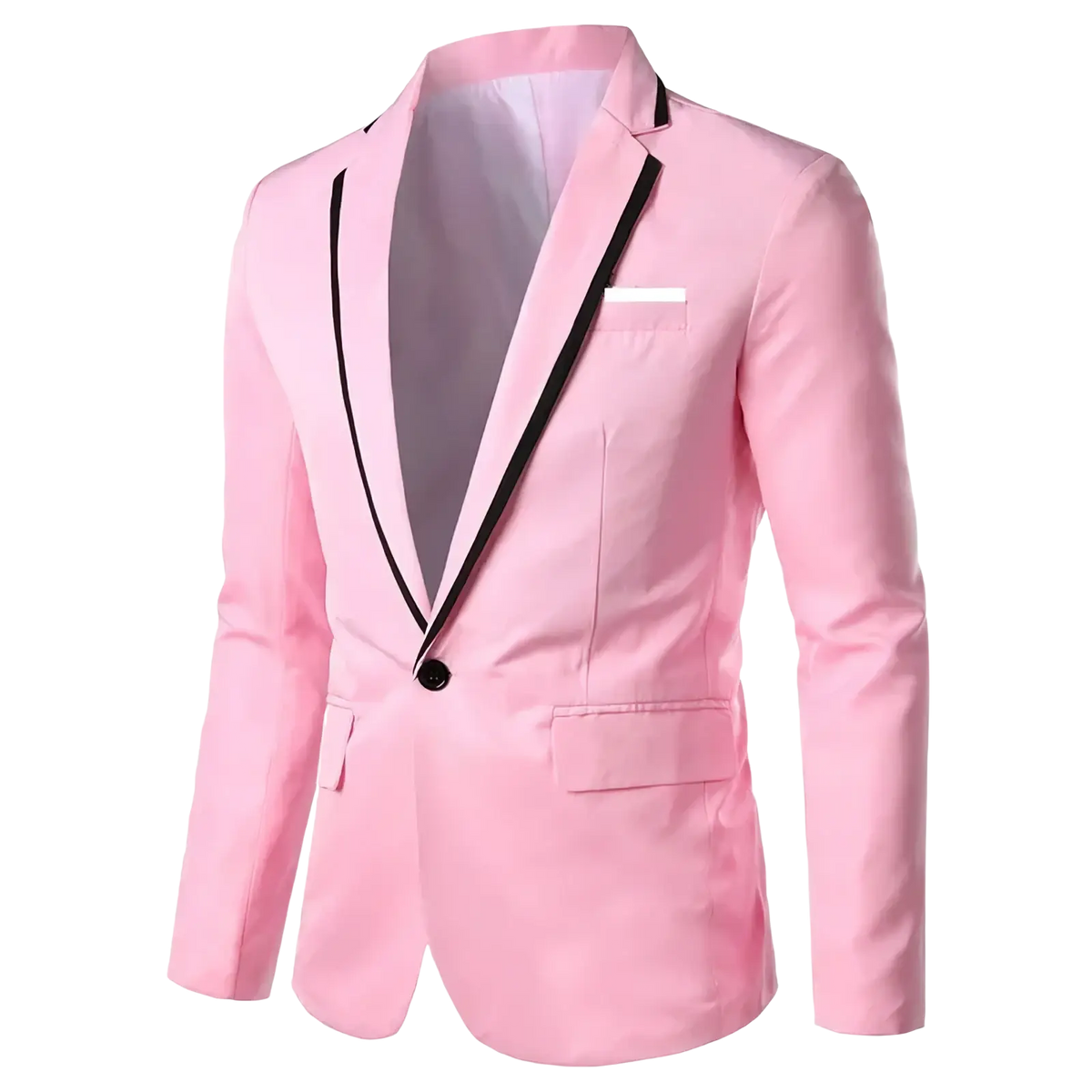 Men’s casual suit blazer jacket in sleek pink with black contrast trim and single button closure for stylish wear