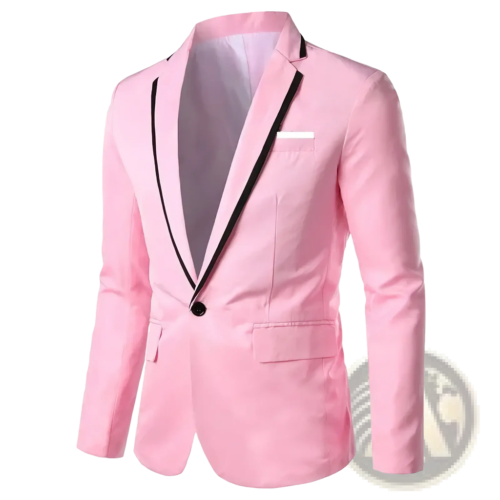 Men’s casual suit blazer jacket in sleek pink with black contrast trim and single button closure for stylish wear