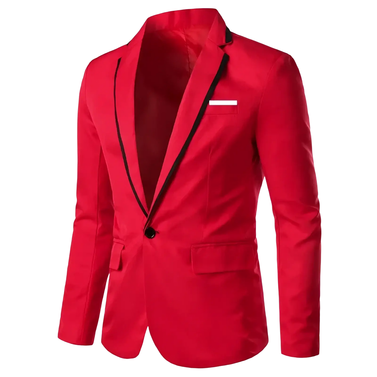 Vibrant red men’s casual blazer jacket with black contrast trim and single button closure for stylish wear