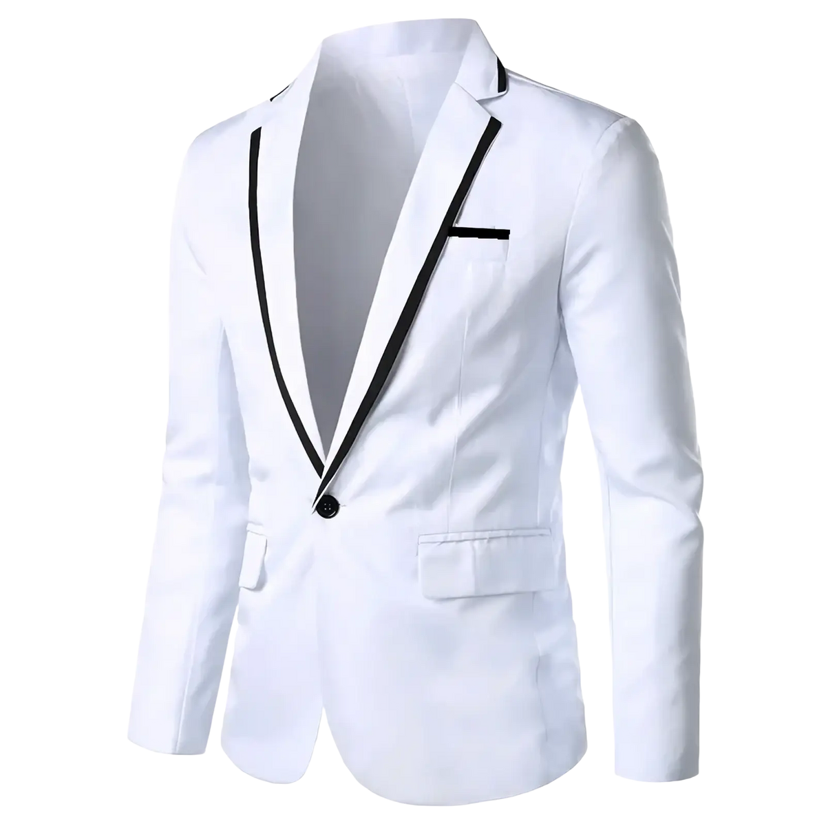 White men’s casual blazer jacket with black contrast trim along lapels and single button closure