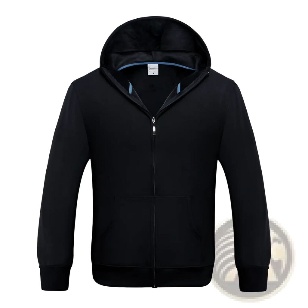 Men’s black fleece zip hoodie with soft interior and subtle blue contrast trim along the collar displayed