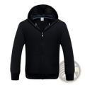 Men’s black fleece zip hoodie with soft interior and subtle blue contrast trim along the collar displayed