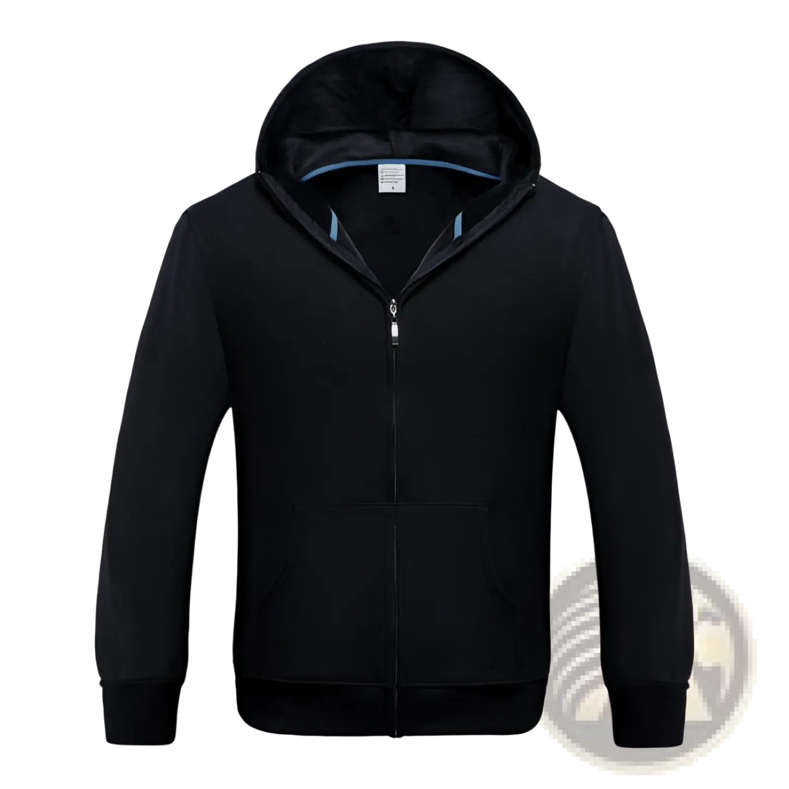 Men’s black fleece zip hoodie with soft interior and subtle blue contrast trim along the collar displayed