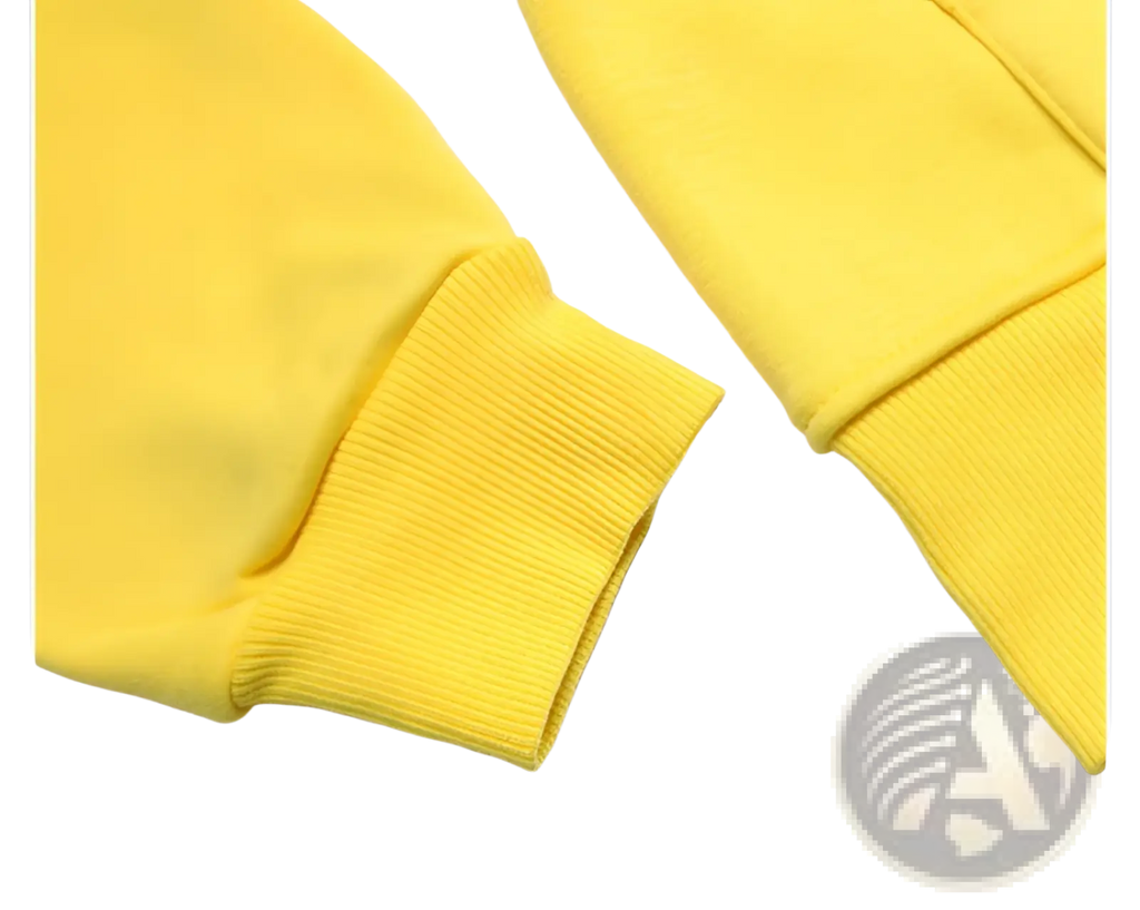 Men’s contrast trim fleece zip hoodie with bright yellow ribbed knit cuffs in soft casual sweatshirt material