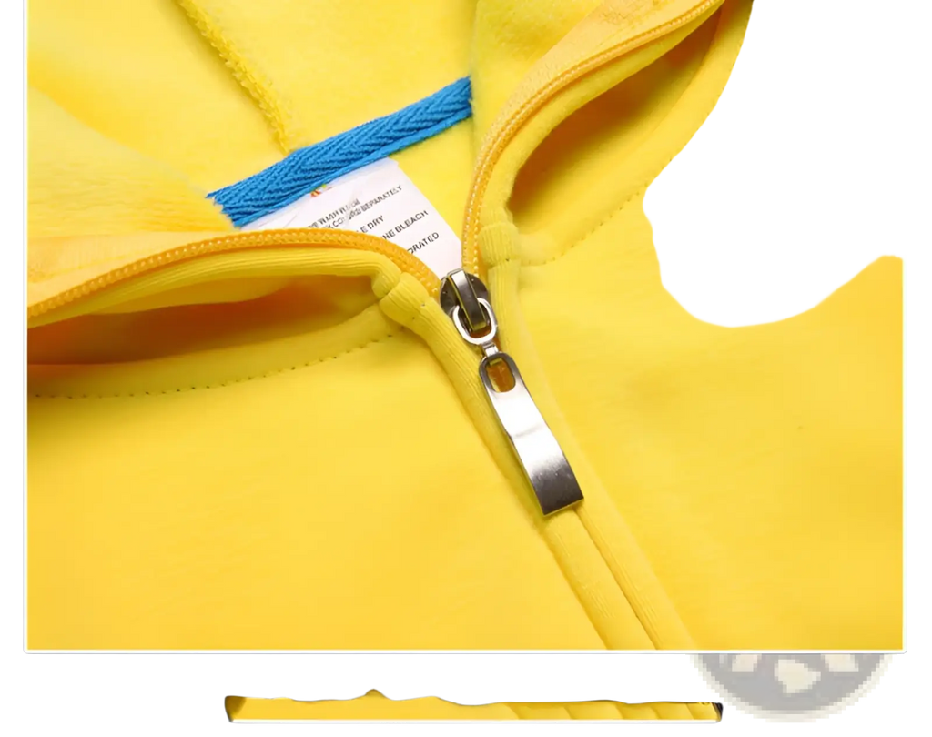 Men’s bright yellow fleece zip hoodie with metallic silver zipper pull and blue contrast trim along the neckline