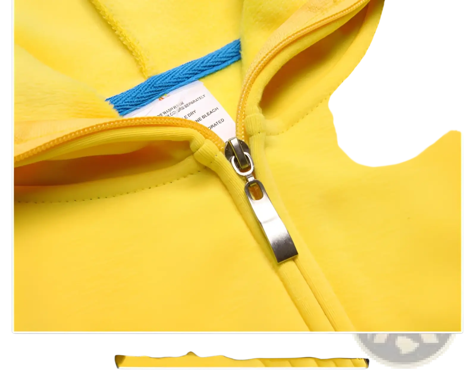 Men’s bright yellow fleece zip hoodie with metallic silver zipper pull and blue contrast trim along the neckline
