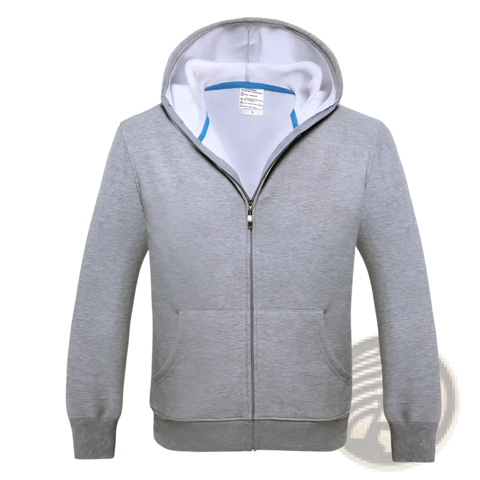 Men’s contrast trim fleece zip hoodie in gray with white interior lining and blue trim along the collar