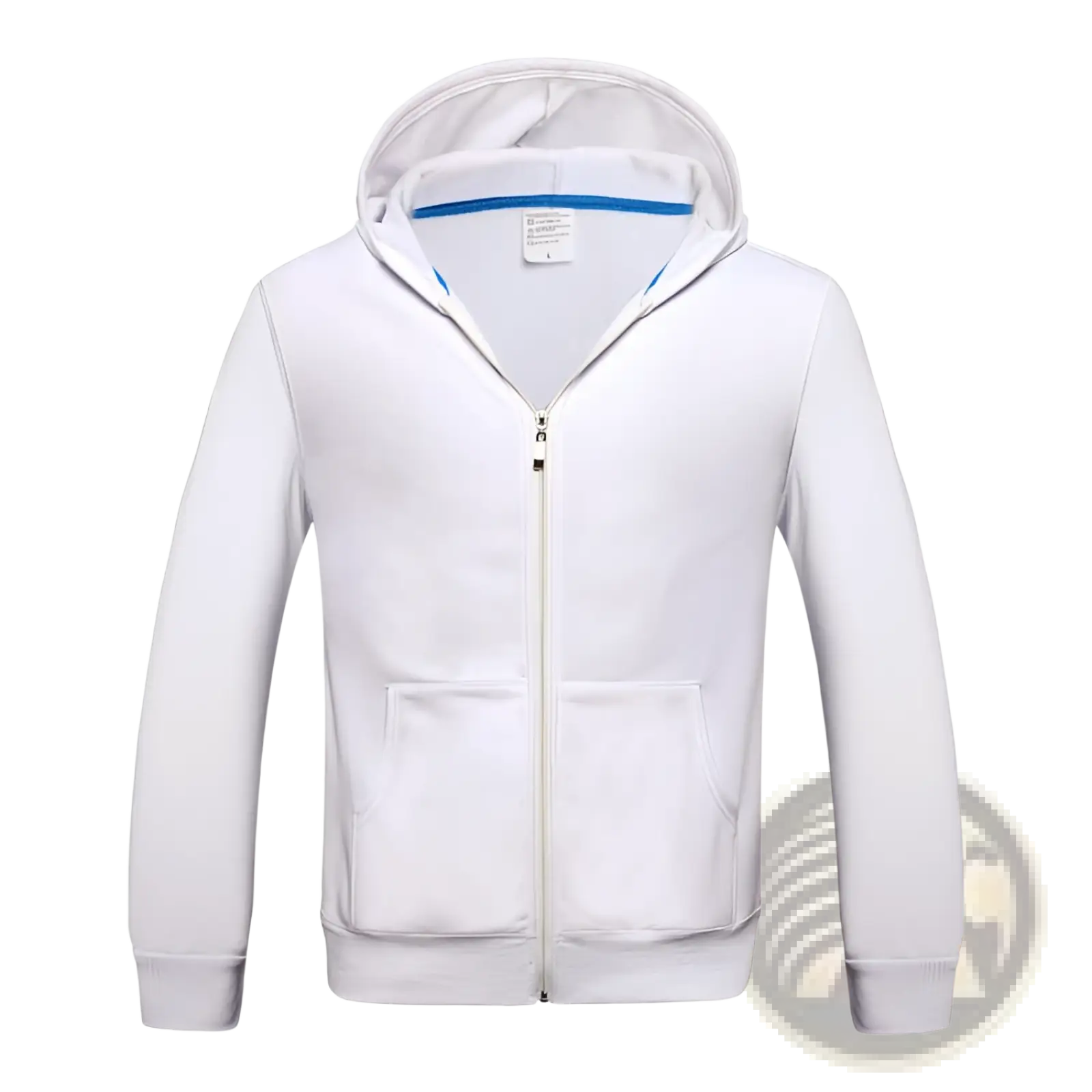 Men’s contrast trim fleece zip hoodie in white with blue inner lining and two front pockets for casual wear