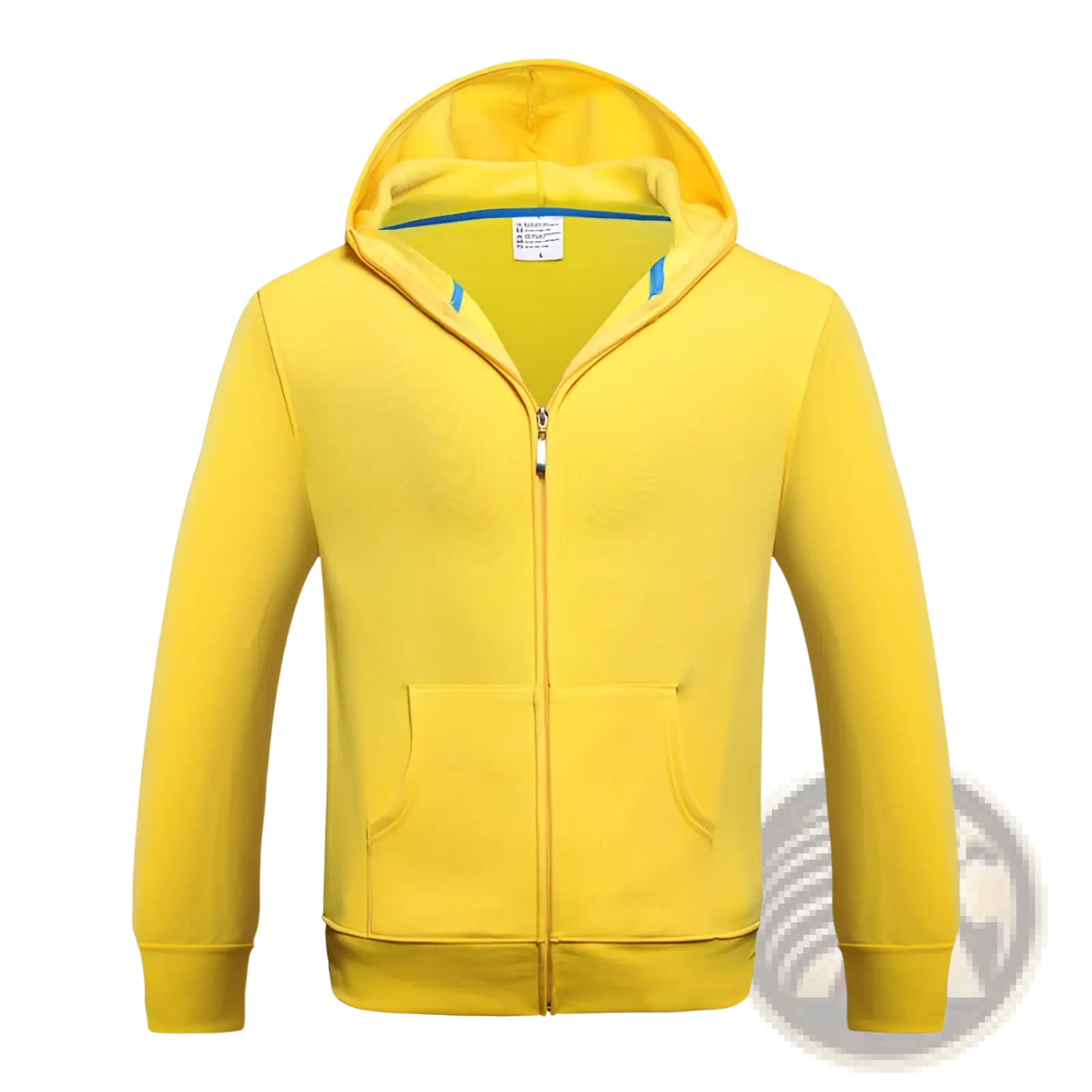 Men’s contrast trim fleece zip hoodie bright yellow with matching hood front pockets and subtle blue trim on collar and zipper pull