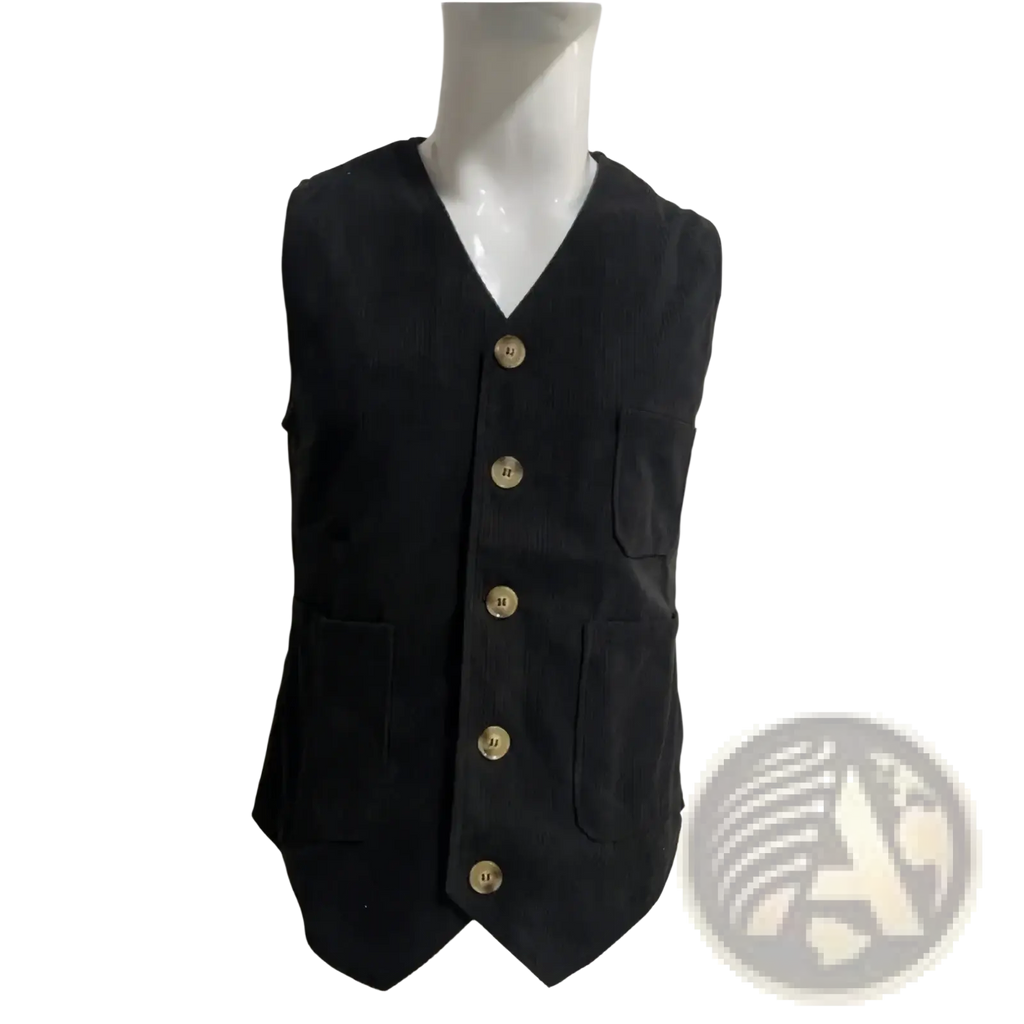 Men’s black corduroy vest with gold toned buttons and two front pockets for business casual wear