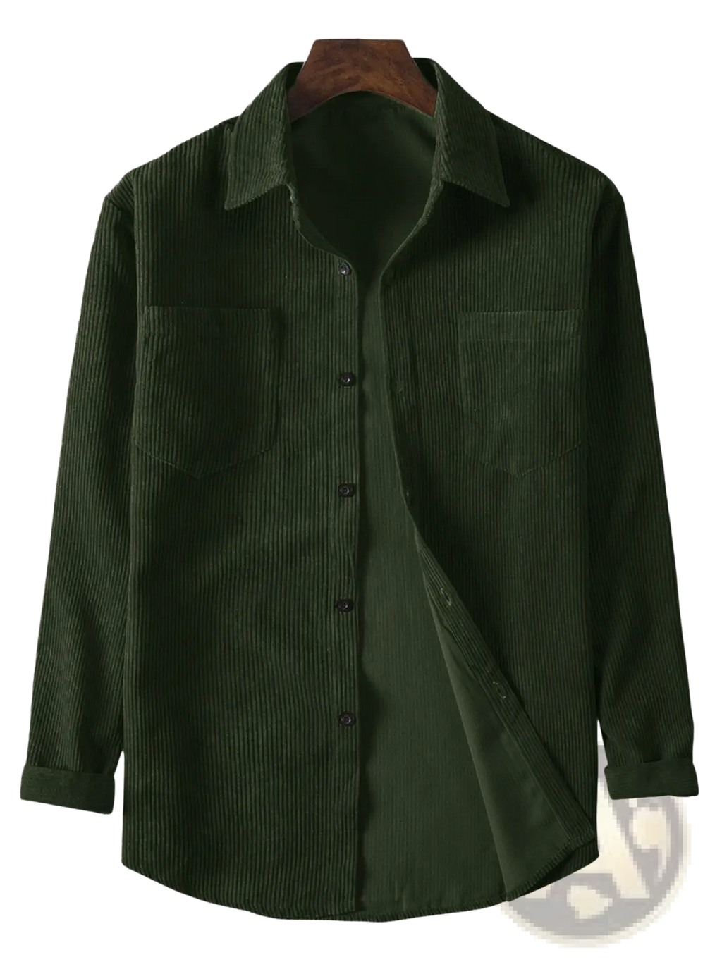 Dark green corduroy mens button up shirt with classic collar and two front pockets for retro casual wear