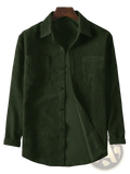 Dark green corduroy mens button up shirt with classic collar and two front pockets for retro casual wear