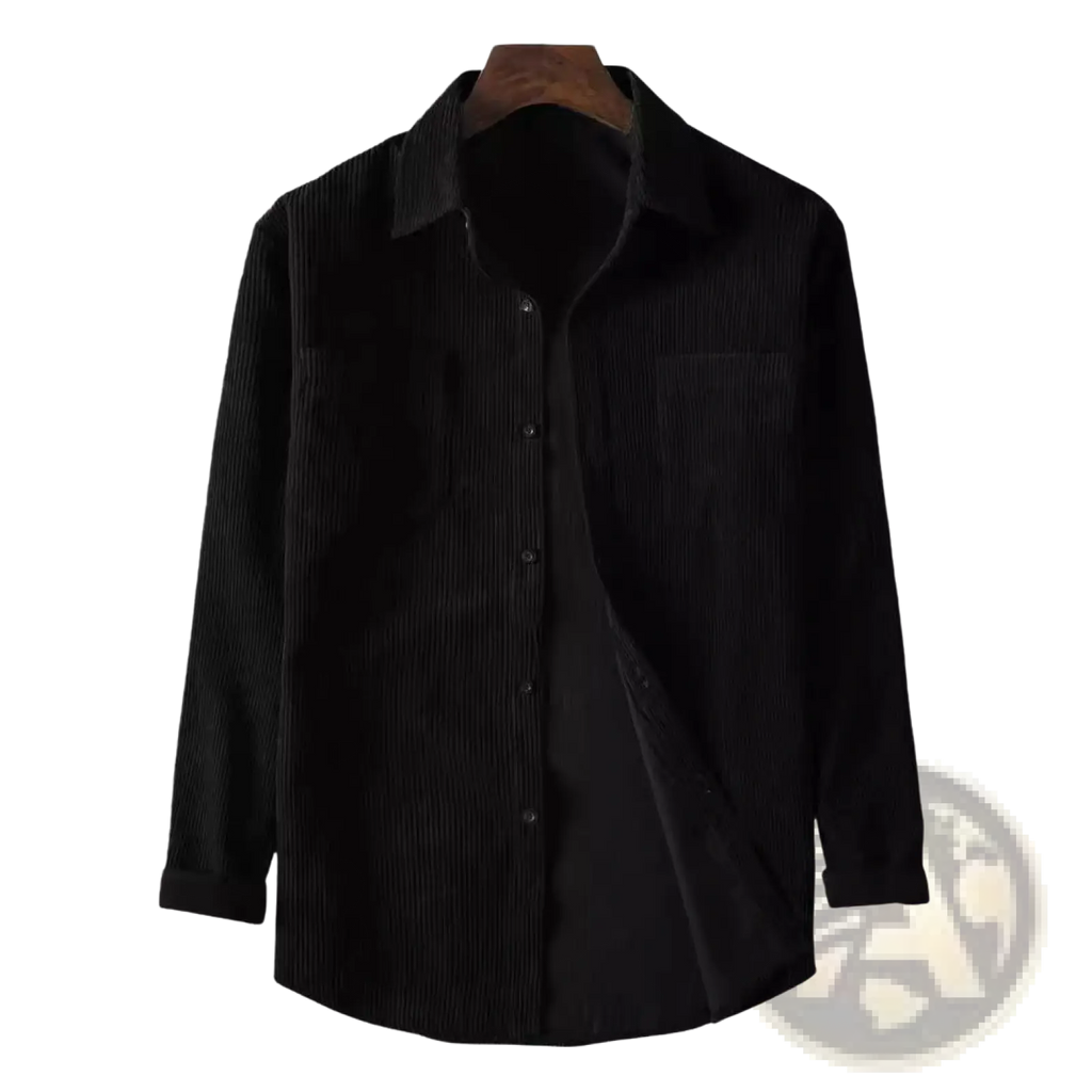 Mens black corduroy button up shirt with vertical ribs and classic collar for retro casual jacket style