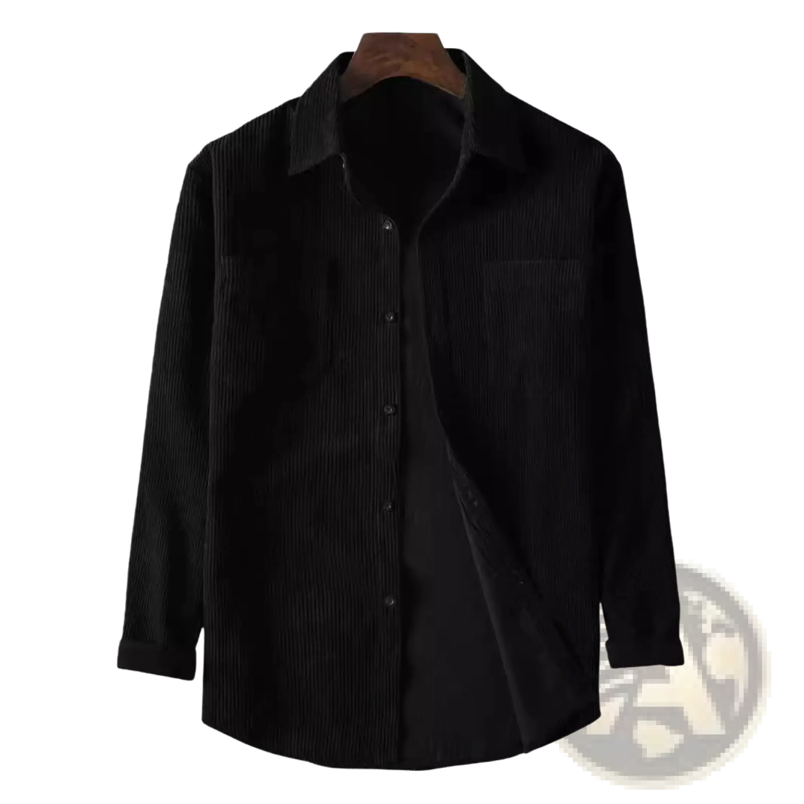 Mens black corduroy button up shirt with vertical ribs and classic collar for retro casual jacket style