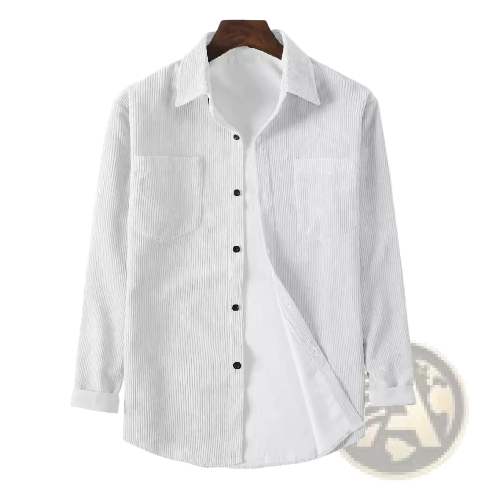 Mens white corduroy button up shirt with black buttons and two chest pockets for retro casual wear