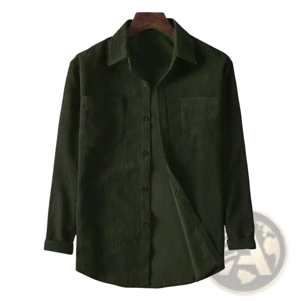 Dark green mens corduroy button up shirt with vertical ribbed texture and two chest pockets for casual wear
