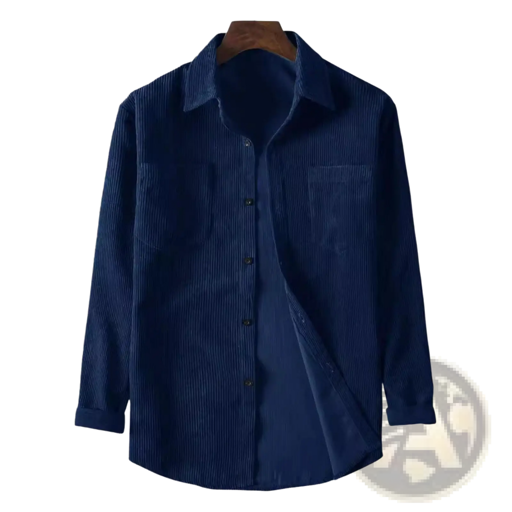 Mens corduroy button up shirt in dark blue with classic collar and two chest pockets for retro casual wear