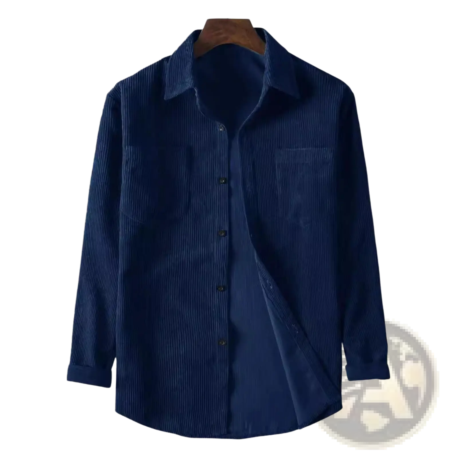 Mens corduroy button up shirt in dark blue with classic collar and two chest pockets for retro casual wear
