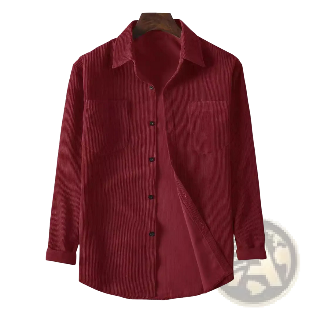 Mens corduroy button up shirt in rich burgundy with classic collar and two front pockets for retro casual wear
