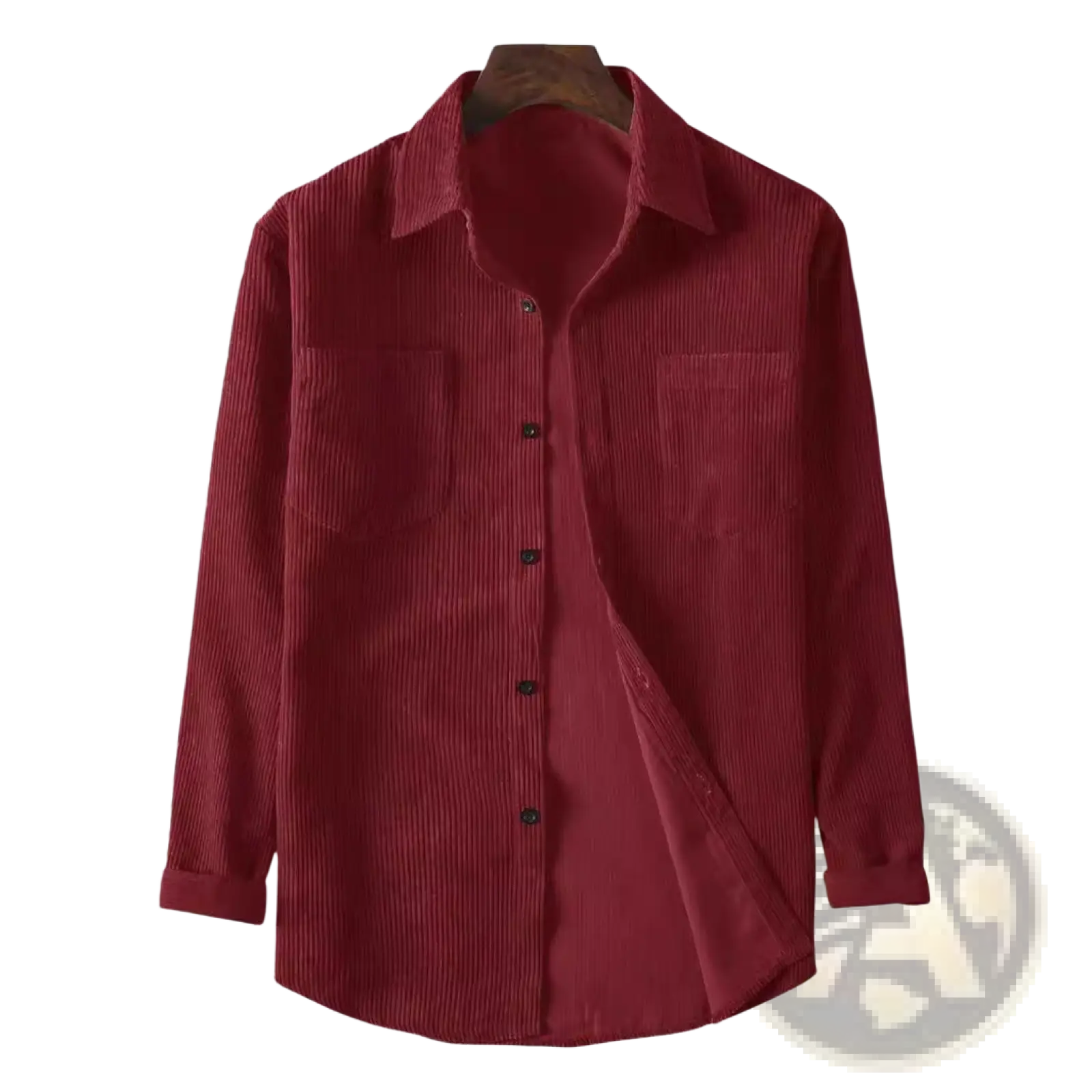 Mens corduroy button up shirt in rich burgundy with classic collar and two front pockets for retro casual wear