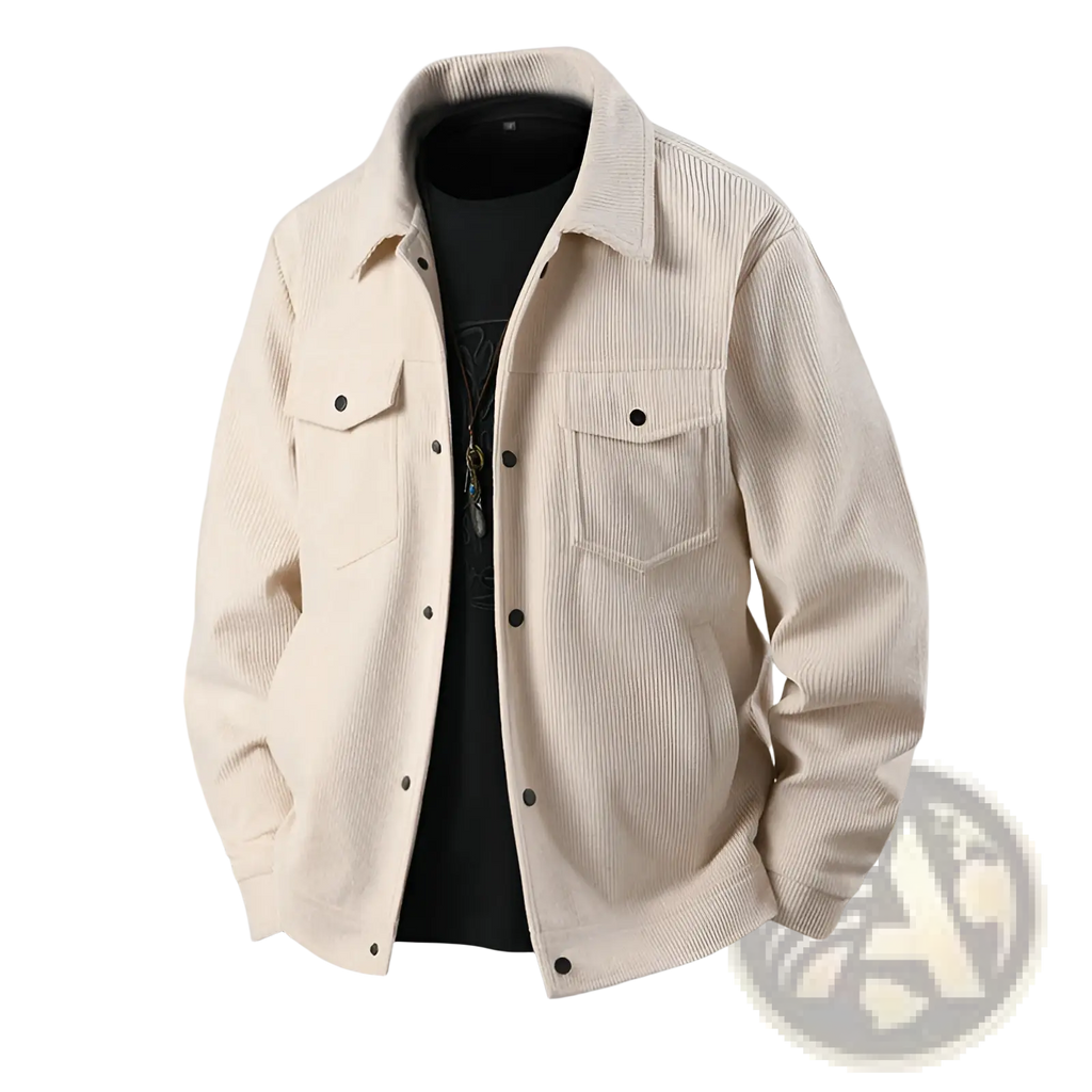 Men’s beige corduroy casual jacket with black buttons and two front pockets for stylish everyday wear