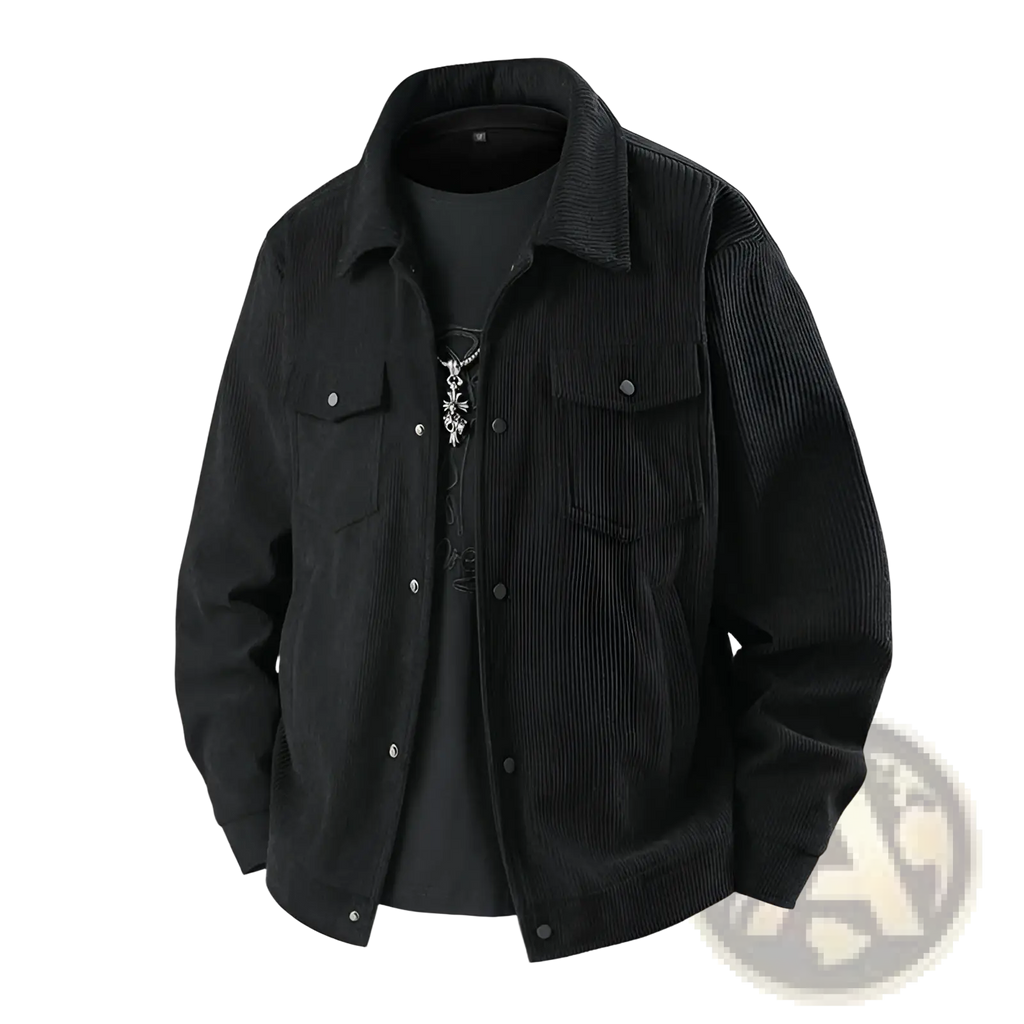 Men’s black corduroy casual jacket with a classic collar and button closures for versatile wear