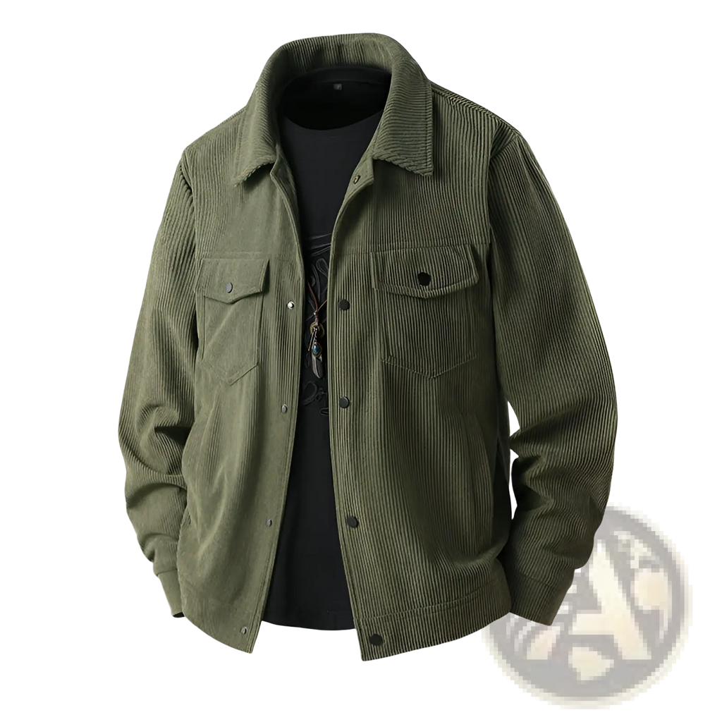 Men’s olive green corduroy casual jacket with classic collar and two front chest pockets