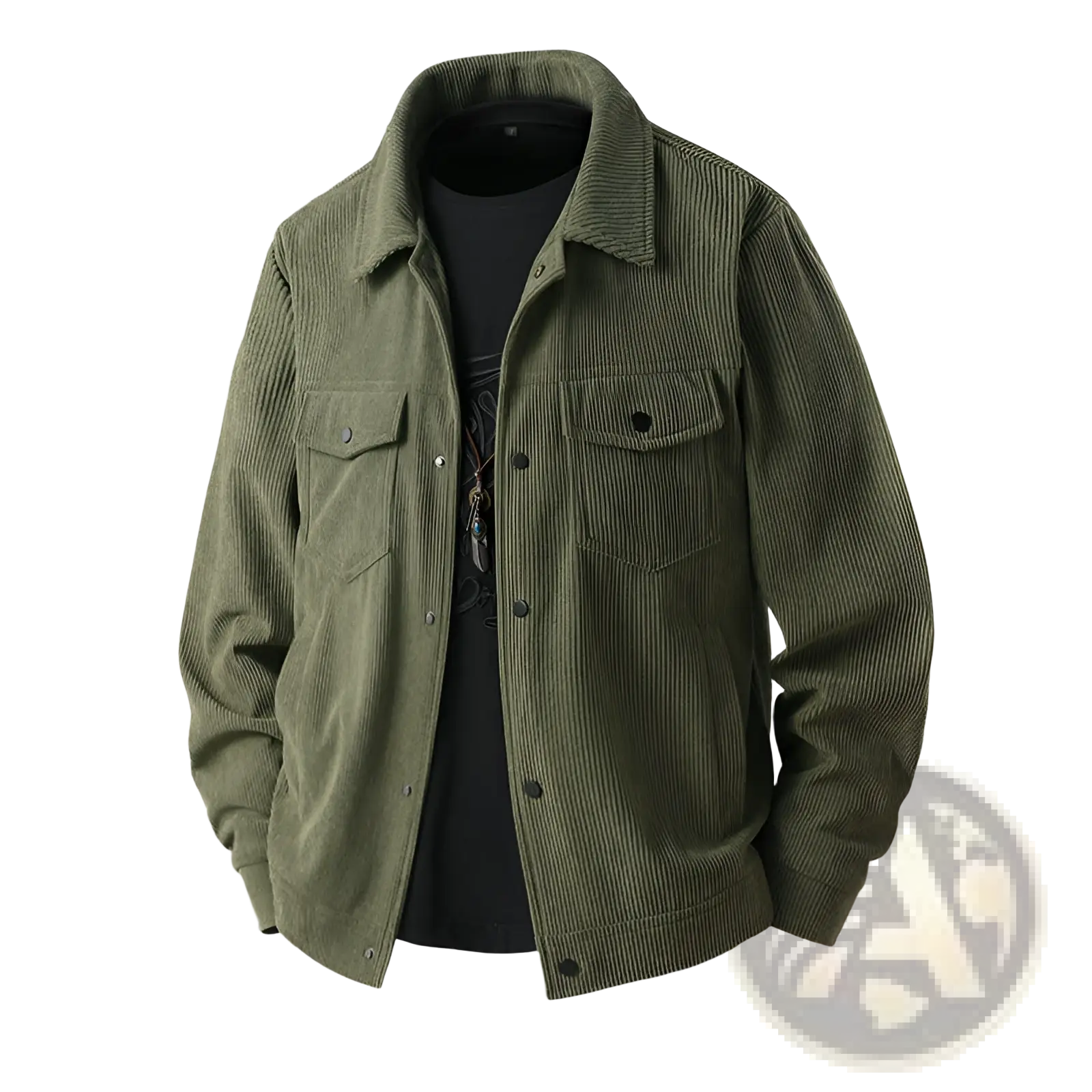 Men’s olive green corduroy casual jacket with classic collar and two front chest pockets