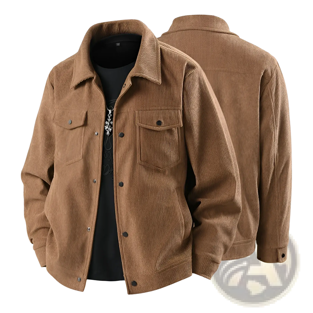 Men’s tan corduroy casual jacket with classic collar and two front chest pockets fastened by dark buttons