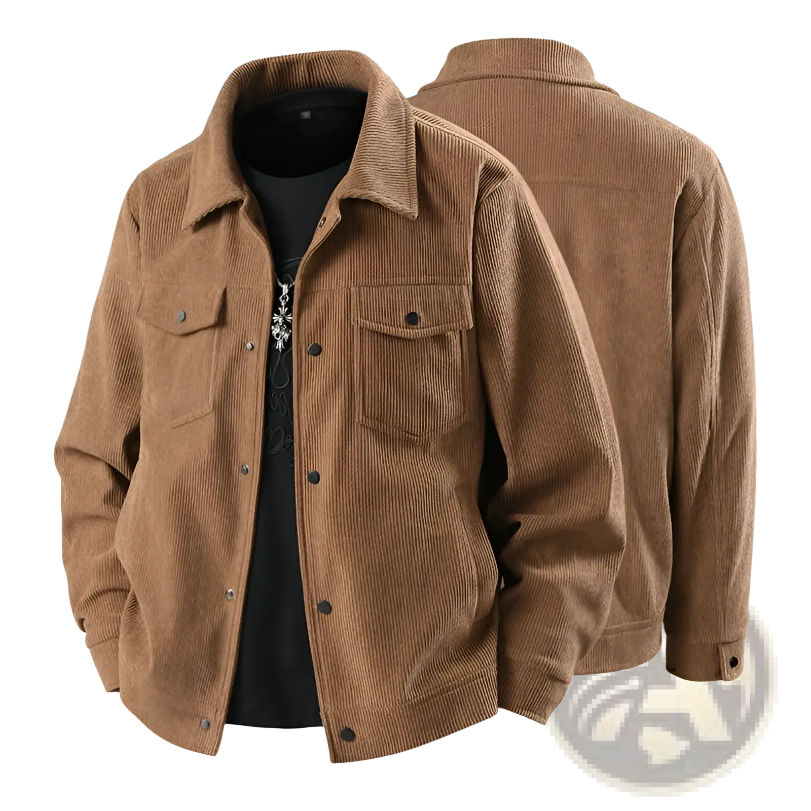 Men’s tan corduroy casual jacket with classic collar and two front chest pockets fastened by dark buttons