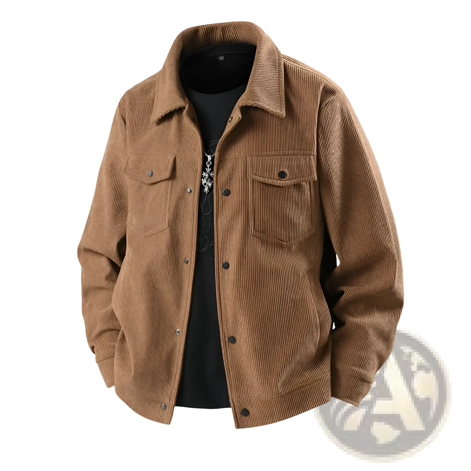 Men’s corduroy casual jacket in tan with classic collar button closures and two chest pockets for everyday wear