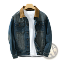 Mens corduroy collar denim workwear jacket in blue denim with contrasting tan corduroy collar front view