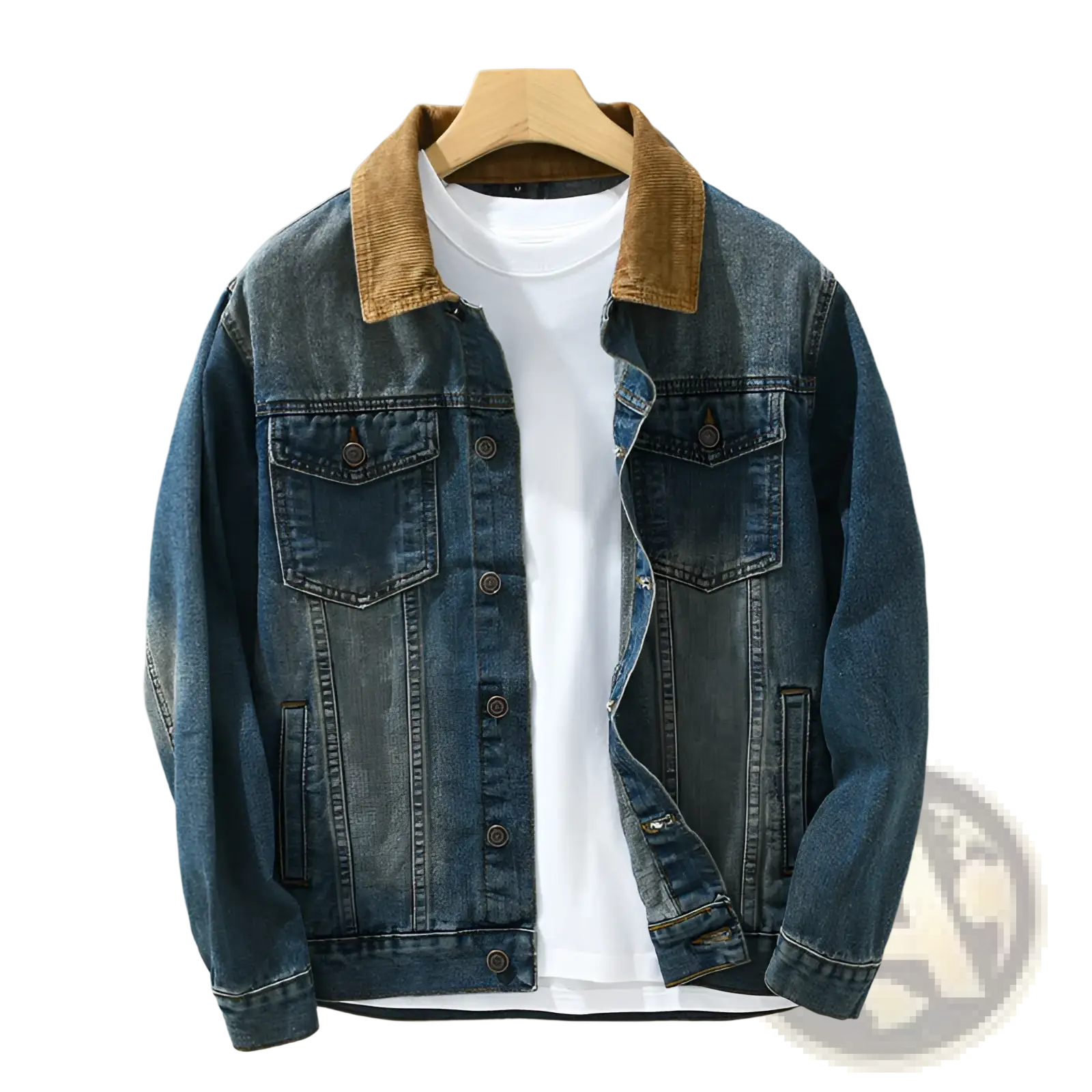 Mens corduroy collar denim workwear jacket in blue denim with contrasting tan corduroy collar front view