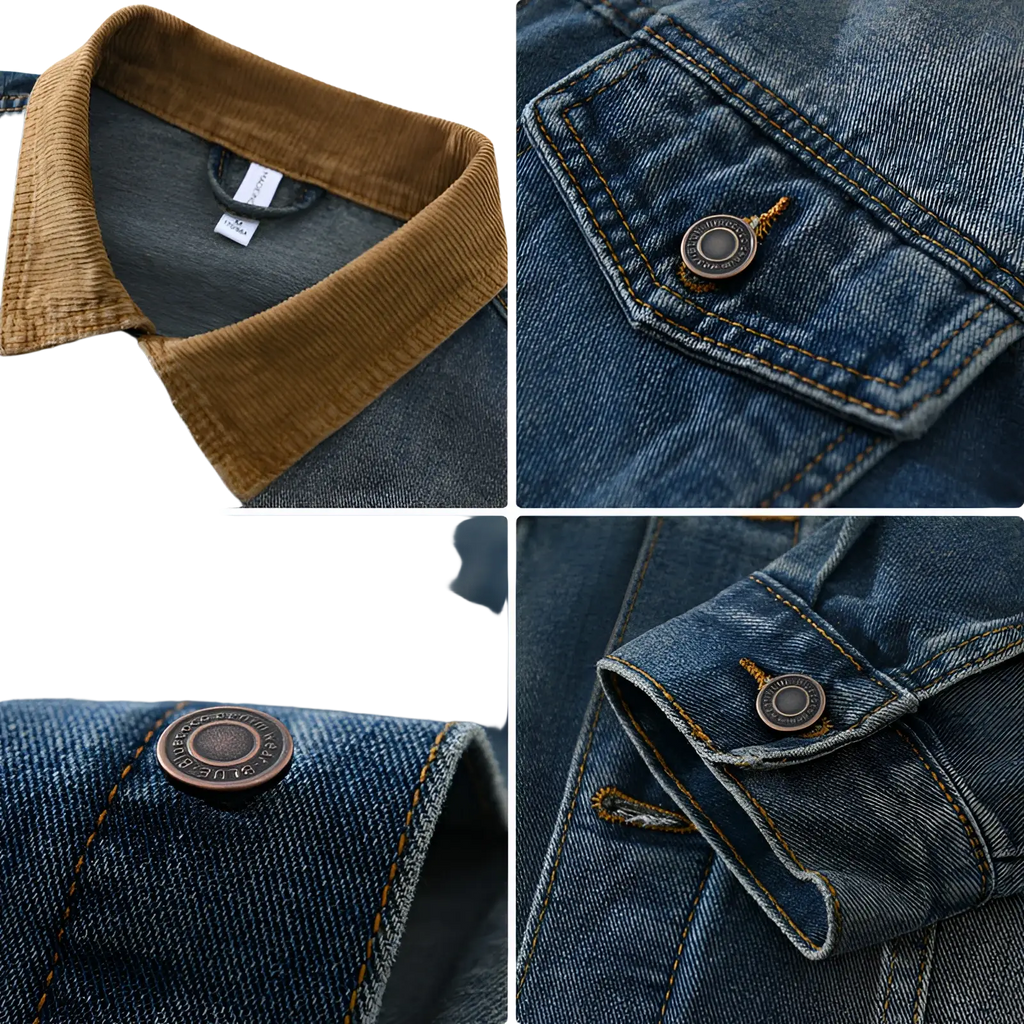 Mens corduroy collar denim workwear jacket in blue denim with brown corduroy collar and vintage metal buttons