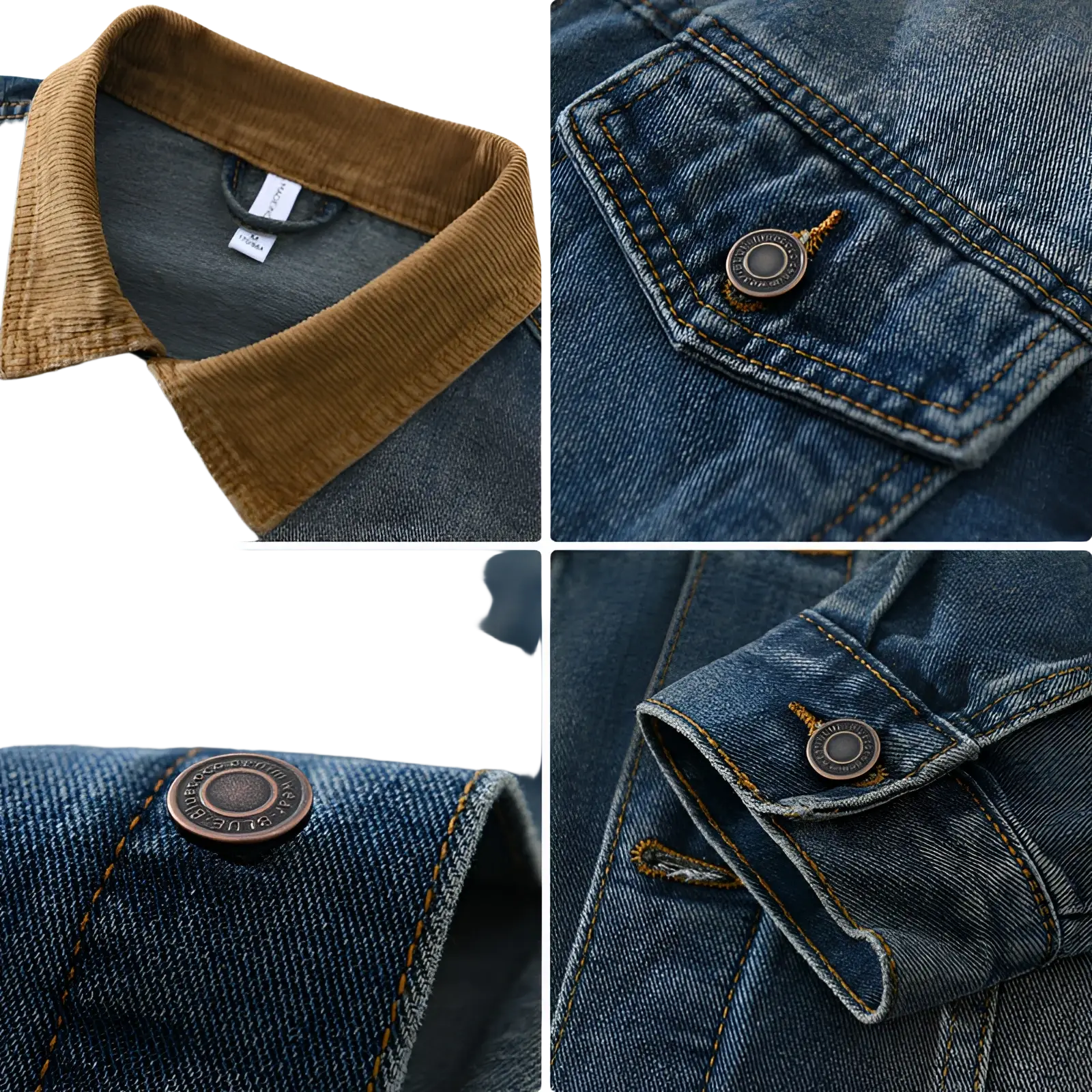 Mens corduroy collar denim workwear jacket in blue denim with brown corduroy collar and vintage metal buttons