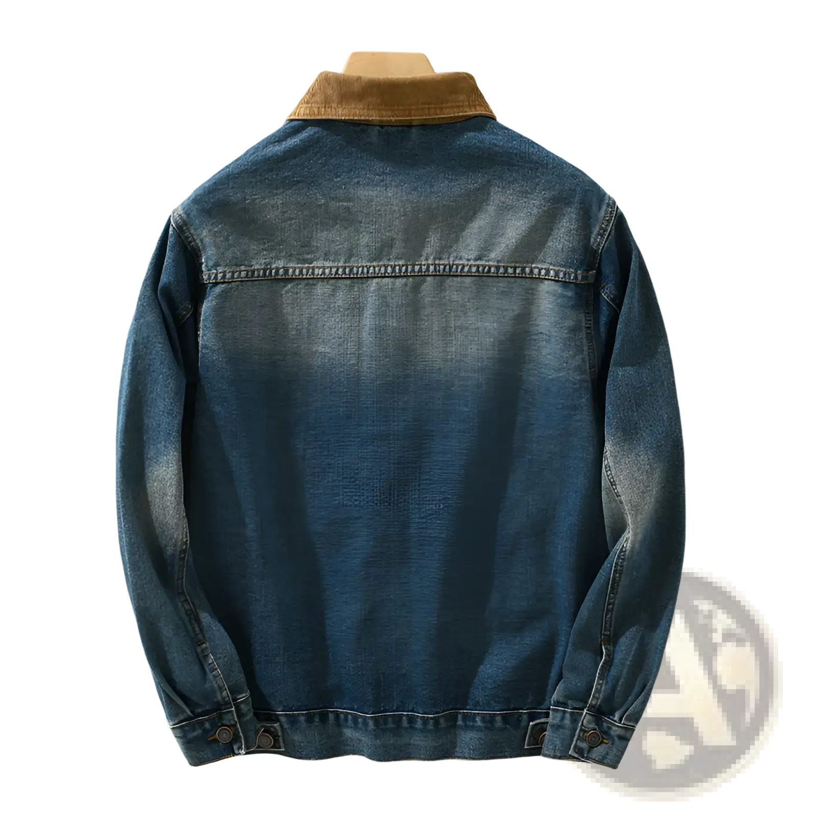 Mens corduroy collar denim workwear jacket in blue denim with a contrasting tan corduroy collar for durability and style