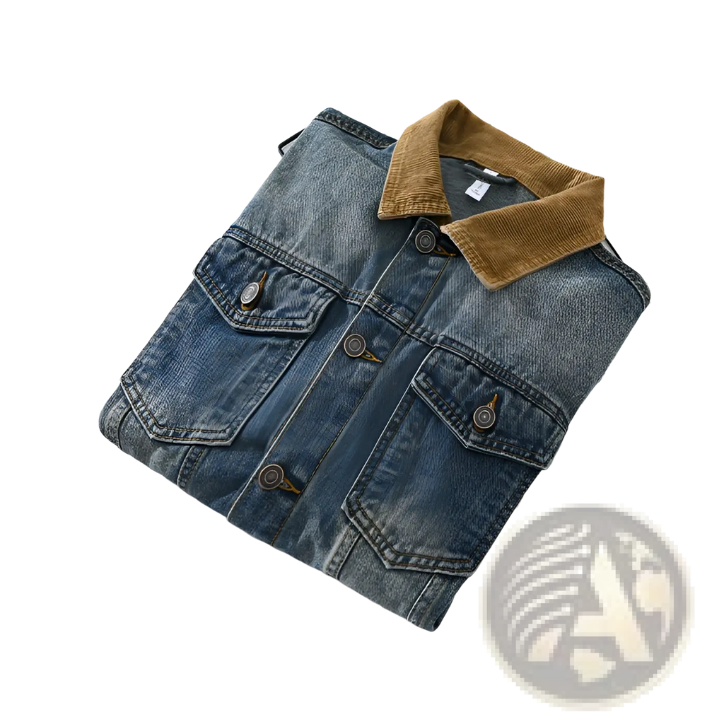 Mens corduroy collar denim workwear jacket with brown corduroy collar and dark metal buttons in blue denim