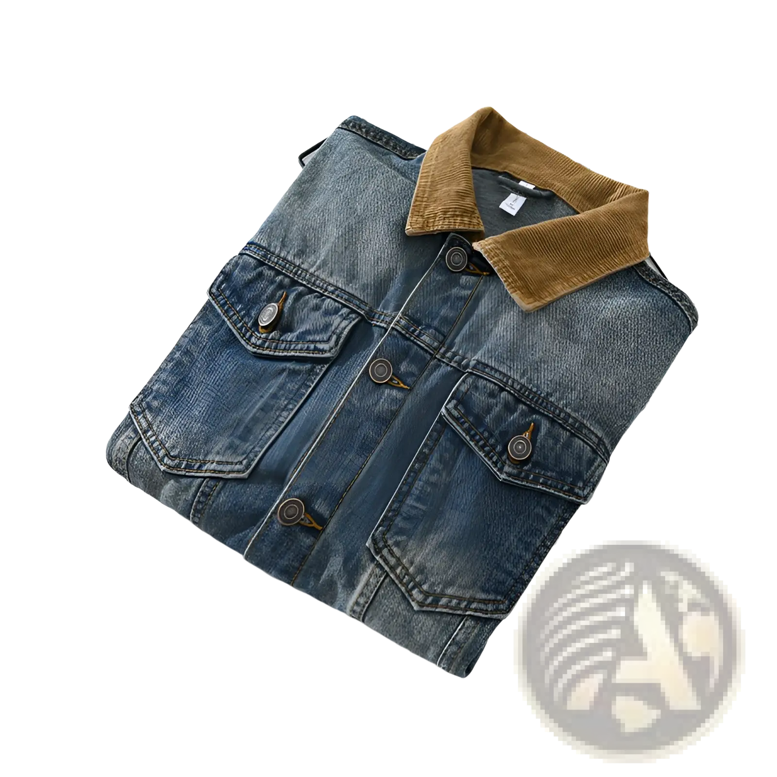 Mens corduroy collar denim workwear jacket with brown corduroy collar and dark metal buttons in blue denim