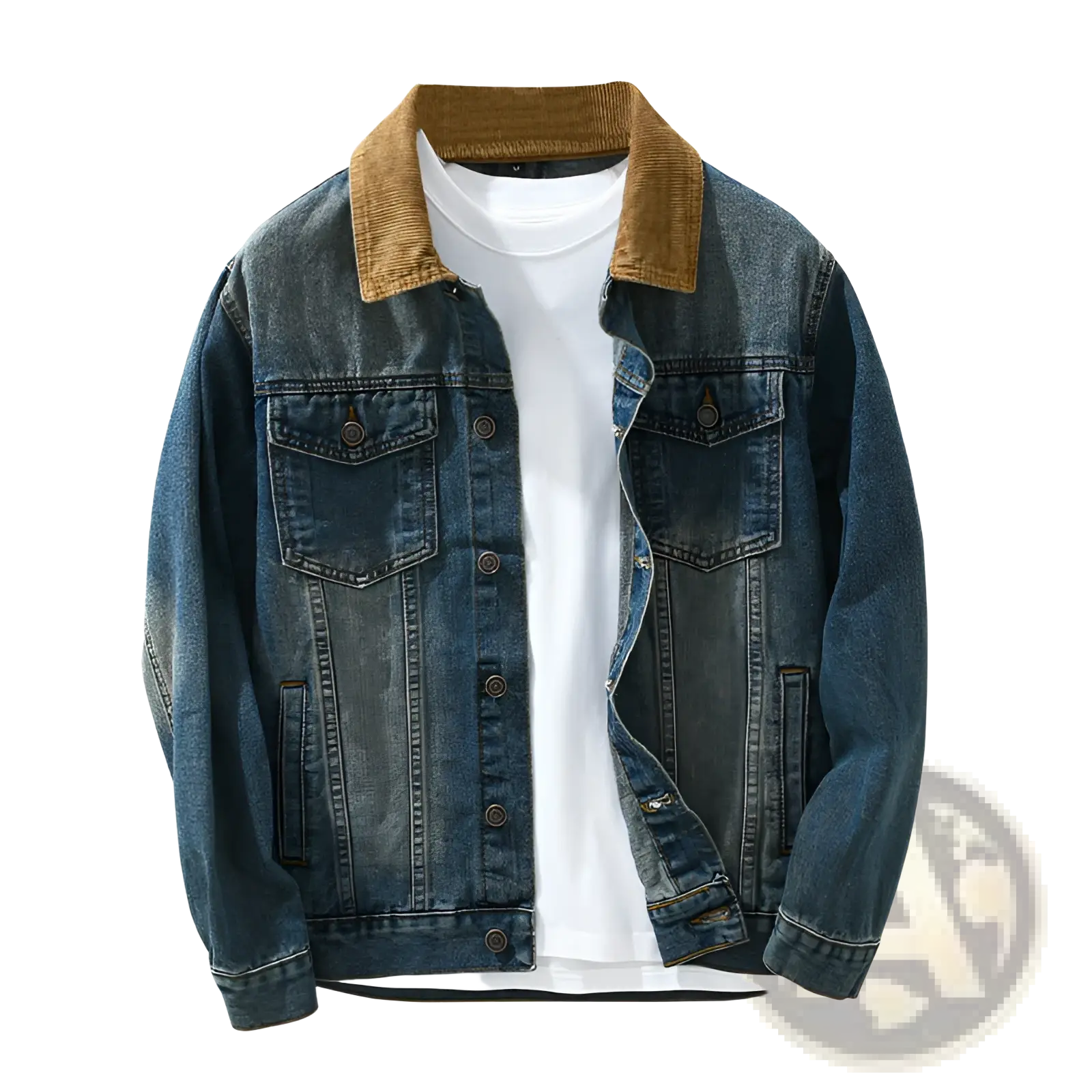 Mens corduroy collar denim workwear jacket featuring dark blue denim with tan corduroy collar and brown buttons