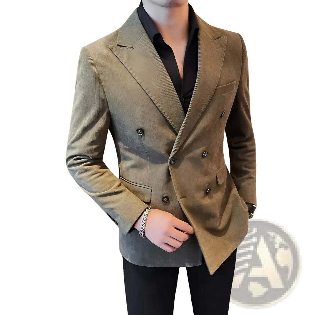 Men’s olive green double breasted corduroy suit jacket showcasing its front design and button details