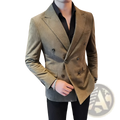 Men’s olive green double breasted corduroy suit jacket showcasing its front design and button details